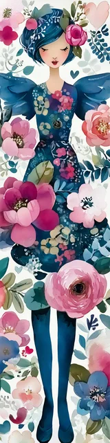 Free angel bookmark featuring blue hair angel with blue dress floral